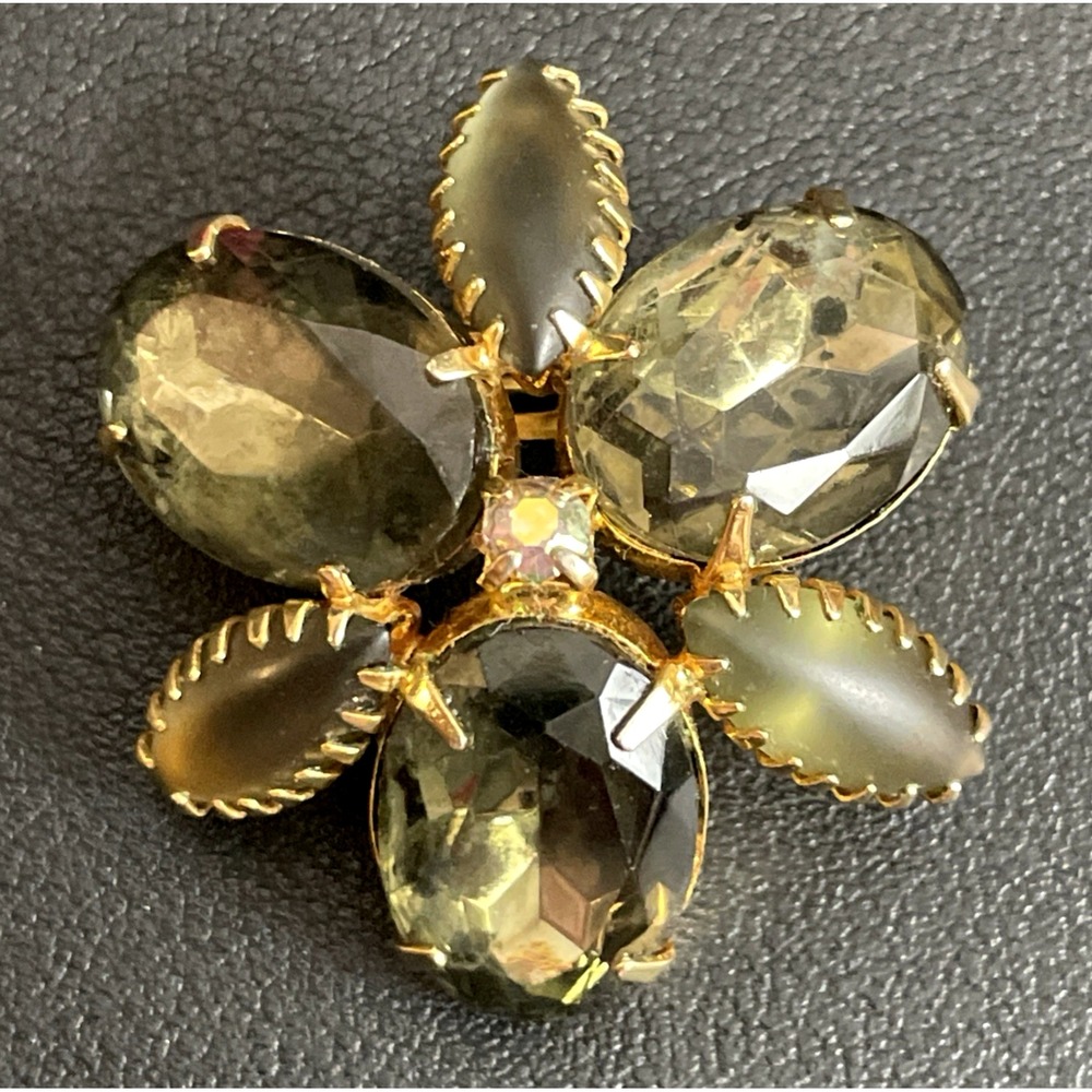Vintage Floral Rhinestone Brooch Pin Olive Green Prong Set Gold Tone Small